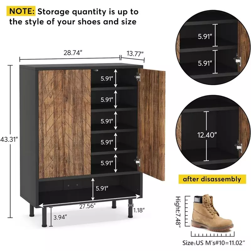 P654 Shoe Cabinet, 18 Pair Shoe Rack Organizer Cabinet with Door, 6-Tier Modern Shoe Storage Cabinet with Shelves