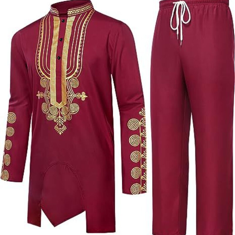 Setelan pakaian pria, setelan pria Afrika, atasan dan celana panjang 2 potong, pakaian Islami Arab saudi, pakaian pria