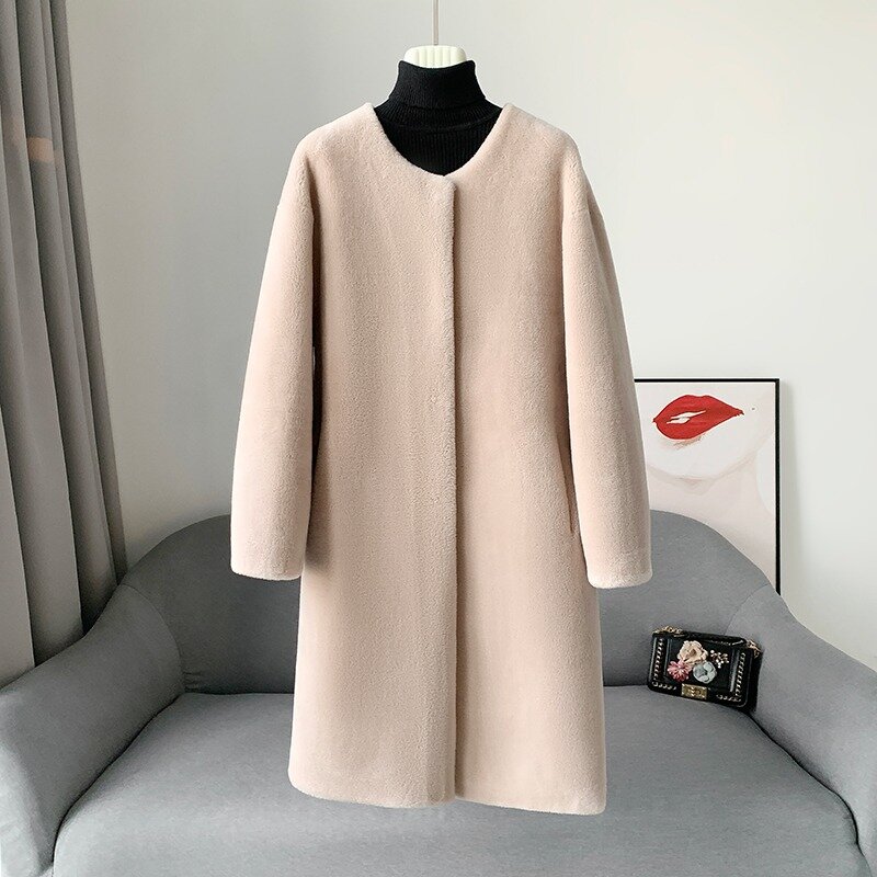Jaket bulu domba wanita, mantel wol asli baru 2023, jaket bulu domba hangat panjang menengah gaya sederhana Parka JT411