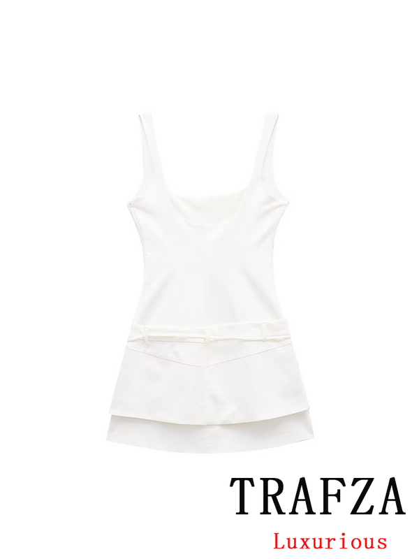 Trafza-Vestido feminino chique com faixas de colarinho quadrado curto, mini vestido branco monocromático, pulseira sexy, nova moda, estágio de verão, 2024