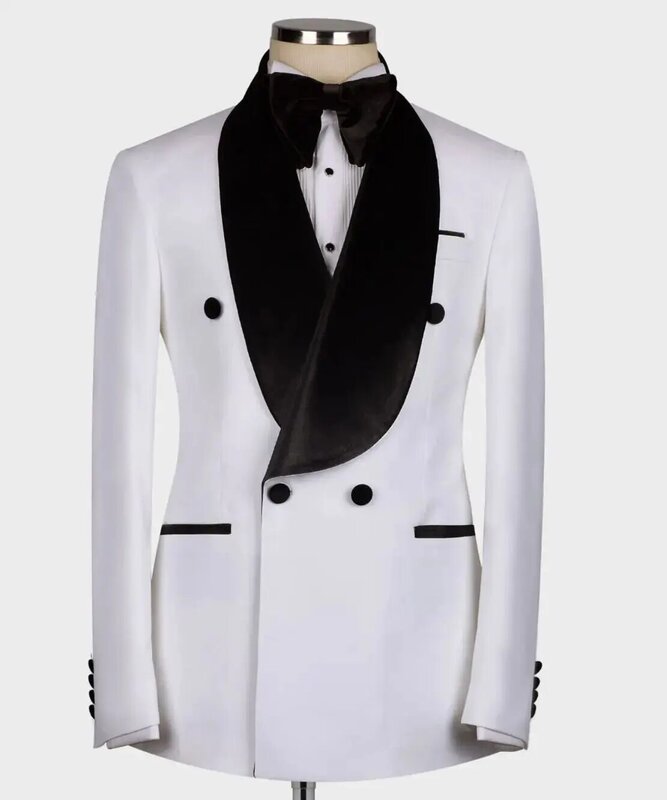 White Men Suits Set 2 Piece Blazer+Pants Black Lapel Custom Made Jacket Formal Office  Groom Wedding Tuxedo Double Breasted Coat