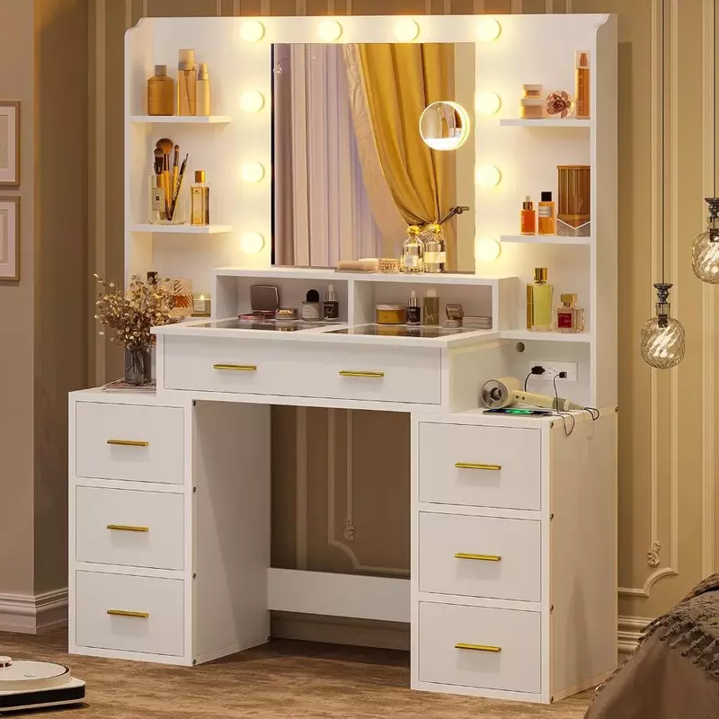 Tocador de maquillaje con espejo de aumento de 10 aumentos, mesa de maquillaje con 3 Ajustes de luz (blanco moderno), muebles de escritorio