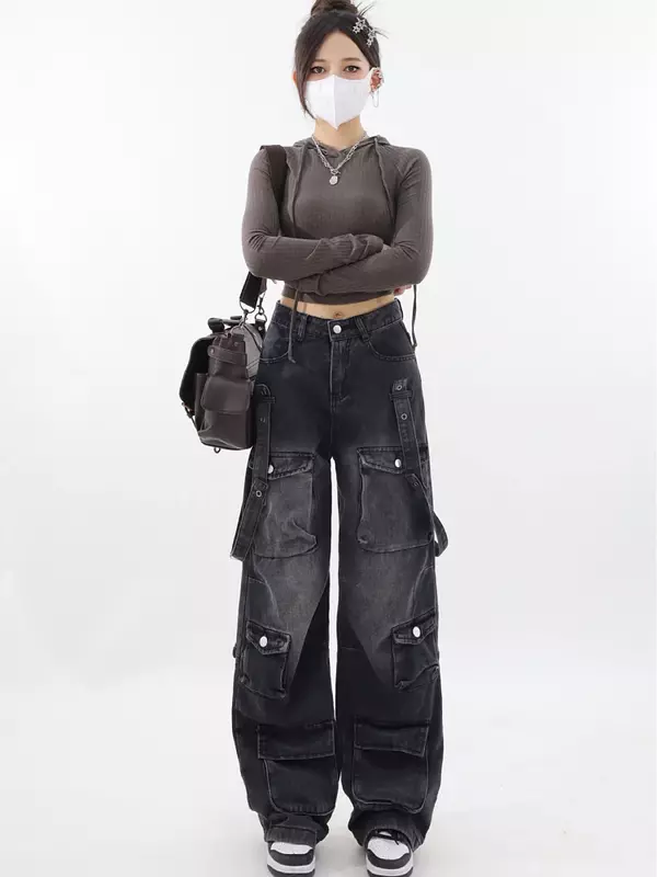 กางเกงยีนส์แบบกอธิคใหม่ชุดเอี๊ยมสีดำย้อนยุคกางเกงขาบานแบบลำลองแนวสตรีท Y2K สำหรับผู้หญิงกางเกงยีนส์เอวสูงทรงตรงคาวบอย