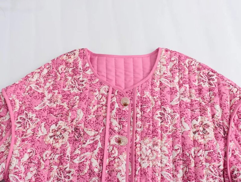 Ropa acolchada de algodón con estampado para mujer, abrigo Vintage de manga larga con bolsillos, moda 2024