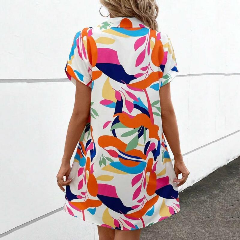 A-line Commute Dress Colorful Print Women's Summer Shirt Dress A-line Cardigan with Turn-down Collar Short Sleeves for Dating