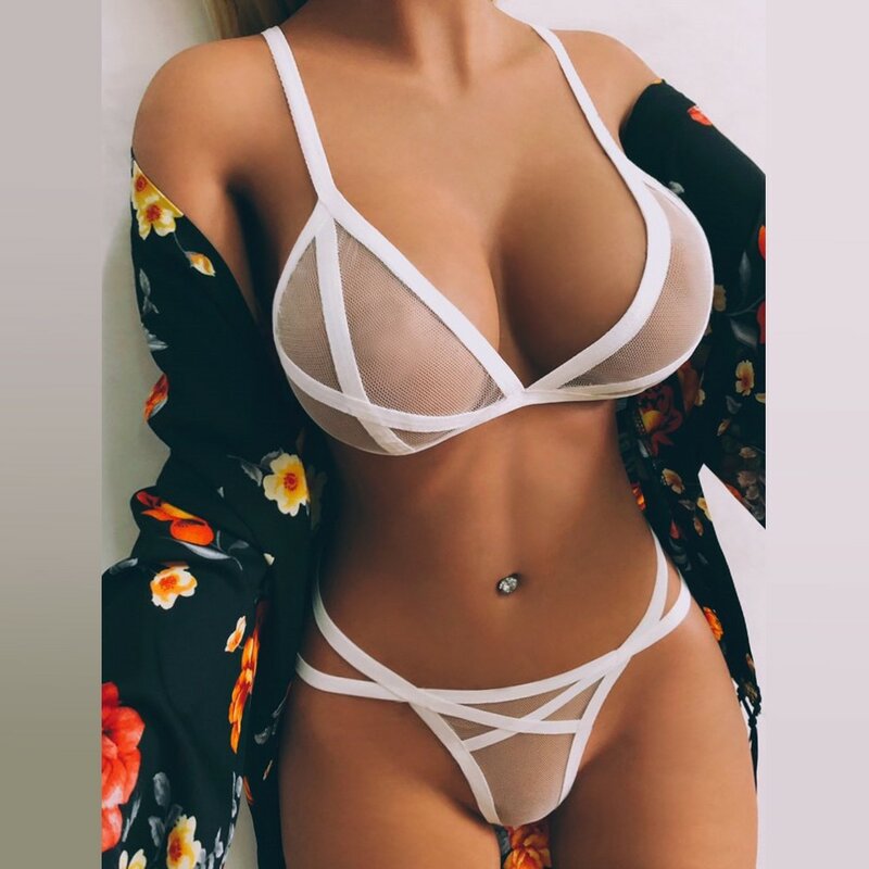 Sexy Women’s Mesh Perspective Lingerie Set Bralette Wireless Bra Transparent Mesh Open Buttocks Thong Panties Bikini Outfit