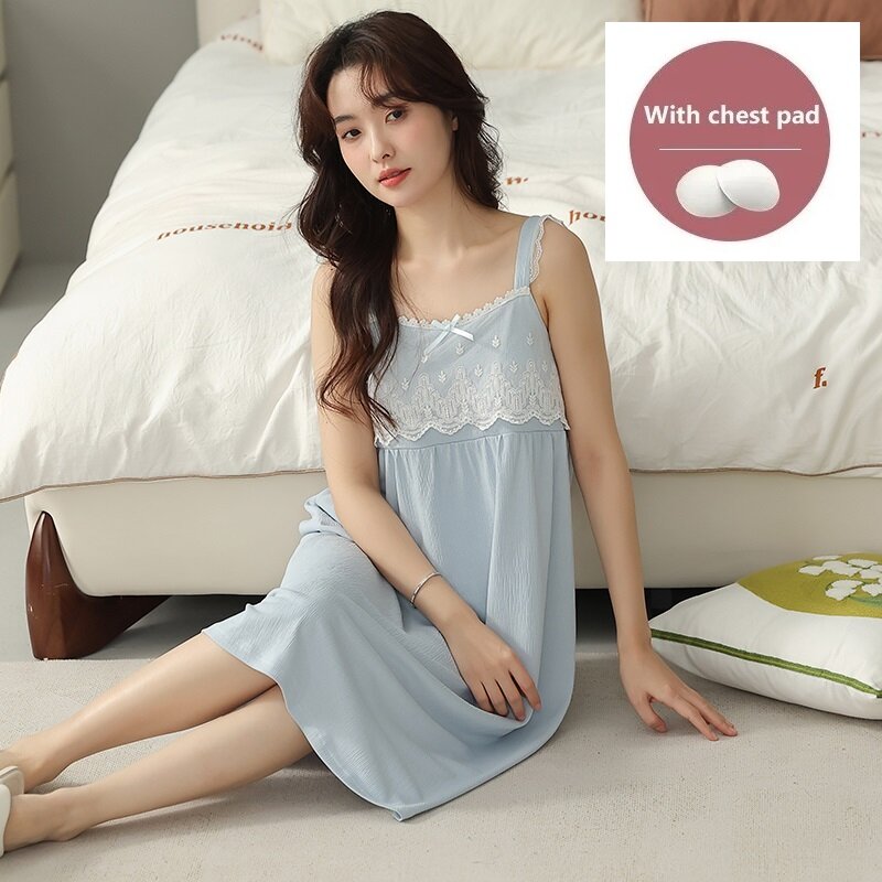 Women Lace Nightgowns With Chest Pads Cotton Night Dress Sexy Spaghetti Strap Casual Home Dress Night Shirt Solid Sleepwear