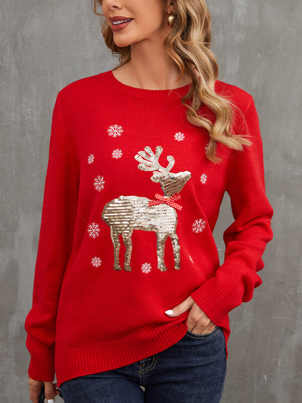 Mulheres suéter de alce com lantejoulas de Natal, pulôver de manga comprida, vermelho, preto, suéter solto, camisola gola redonda, streetwear, primavera, outono