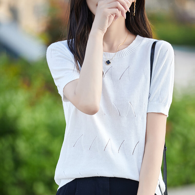 Camiseta de malha de manga curta feminina, blusa simples com decote em O, solta e única, confortável, moda casual, verão