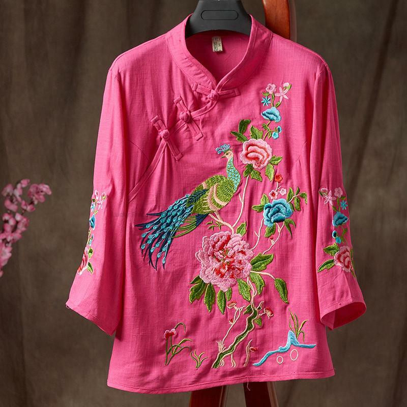 Frühling und Herbst Vintage Damen National Style Baumwolle Leinen Stickerei Top Damen sieben Ärmel Cheong sam Kragen Bluse