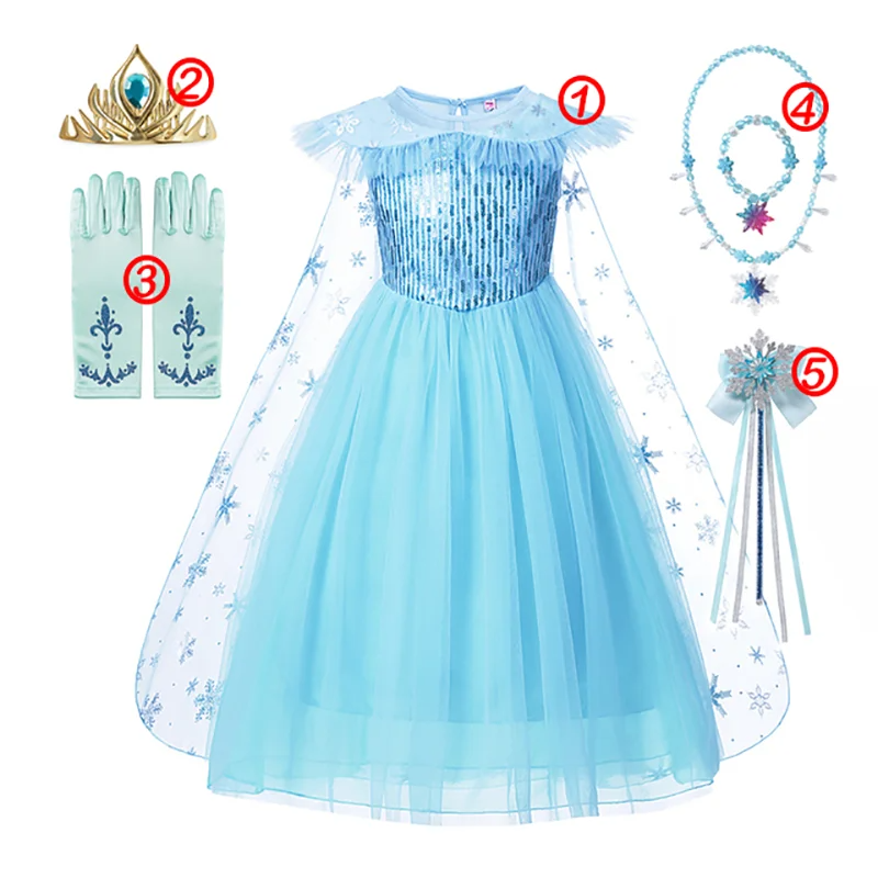 Robe de princesse Disney Elsa pour filles, robe de Rhen maille à paillettes blanches, vêtements de carnaval, cosplay pour enfants, costume de reine des neiges