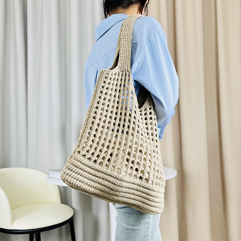 Ręcznie robiona dzianinowa damska torebka i torebki o dużej pojemności moda pusta siateczkowa torba na ramię letnie torby plażowe torby na zakupy