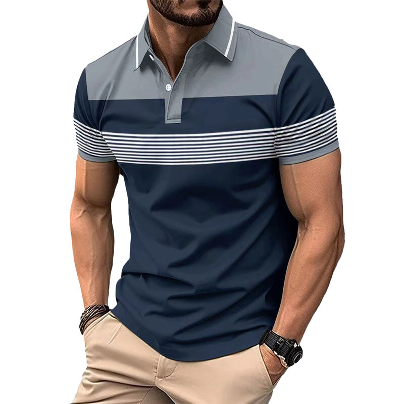 Bluzka męska T-Shirt oddychające bluzki biznesowe guziki na co dzień lekki krótki rękaw szczupły pasują do nowych stylowy