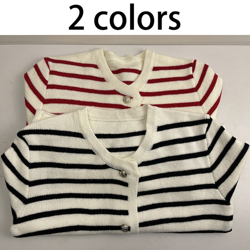 Sweter hitam rajut garis-garis, kardigan Korea wanita lengan panjang kasual lengan panjang, Sweater Crop 2 warna