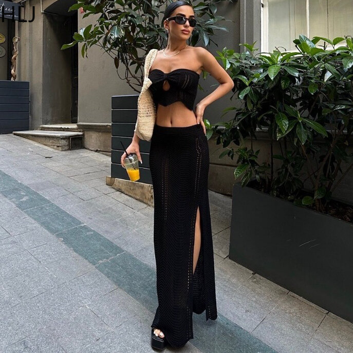 HLJ Spring New Knitting Y2K Skinny Skirts Two Piece Sets Women Hollow Sleeveless Backless Tube+Skirts Outfits Female Streetwear