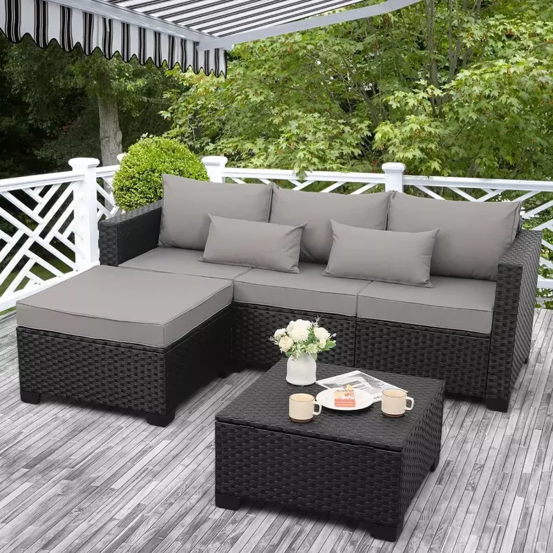 3 Pieces Patio Furniture Set Outdoor Sectional Wicker Patio Furniture Patio Couch with Ottoman and Outdoor Storage Table