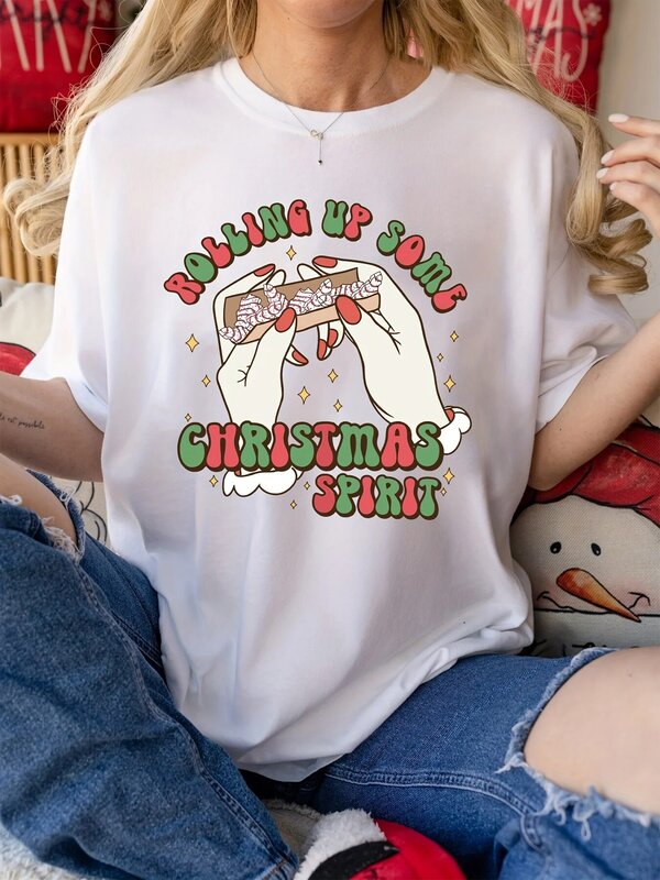 Рождественская креативная футболка с забавным принтом и круглым вырезом, повседневная спортивная футболка с коротким рукавом, женская одежда