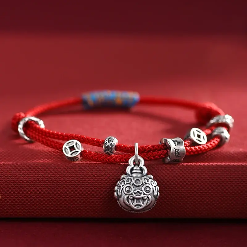 Mencheese bracciale in argento Sterling 999 che ingoia la bestia d'oro per uomo e donna Vintage Dragon Year Red Bracelet Gift