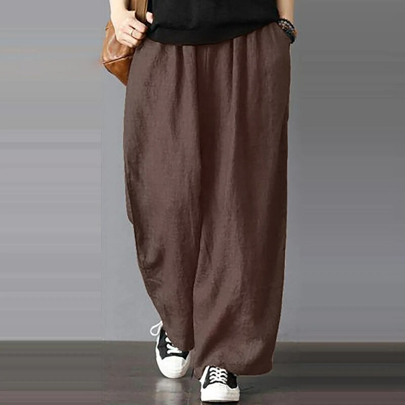 Calças de algodão de perna larga feminina, calças coreanas oversize, calças cortadas de cintura alta, outerwear bolso feminino, roupa Bloomers reta