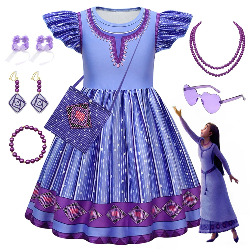 Kostum putri anak perempuan Disney Wish Asha, Dress up untuk anak perempuan kartun Film, lengan terbang anak-anak pakaian kasual 2-10 tahun