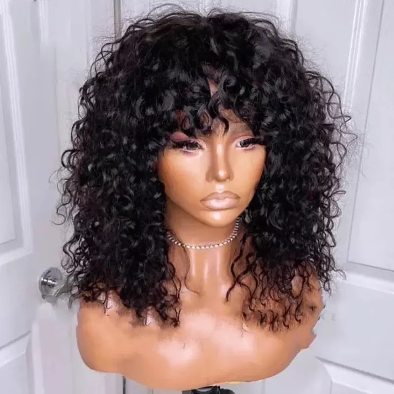 Glueless Curly Human Hair Wigs Machine Made Scalp Top Wig With Bangs  200% Density Shoulder-Grazing Curly Wig with Wispy Bangs