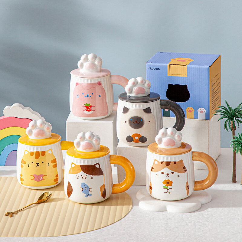 Caneca colorida criativa do gato com tampa, canecas cerâmicas do gatinho, presente dos copos do escritório das crianças, copos, 420ml