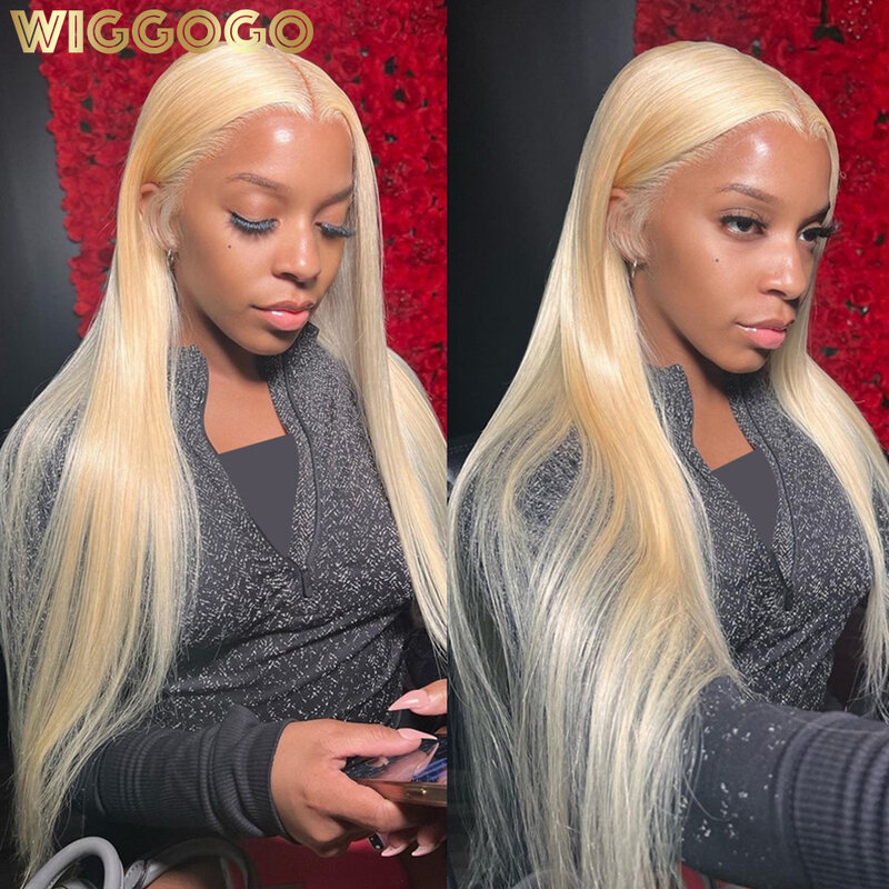 Wiggogo-Peluca de cabello humano liso con malla Frontal, pelo sin pegamento, color rubio, Hd 613, 13x6, 13x4