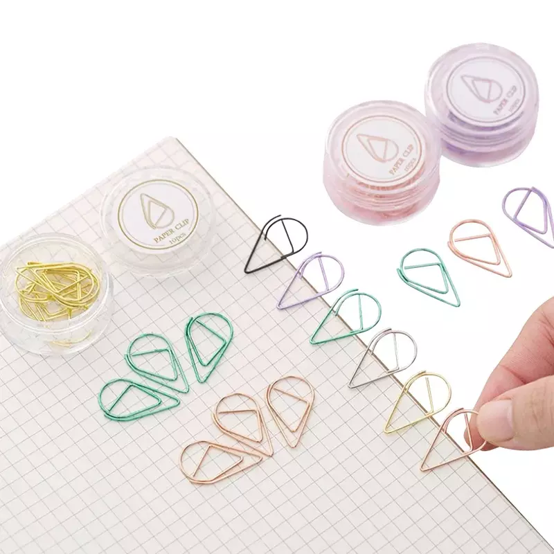 Gota de água Forma Paper Clip, marcadores de livros, papelaria, simples, bonito, seleção de sete cores, 10pcs por caixa