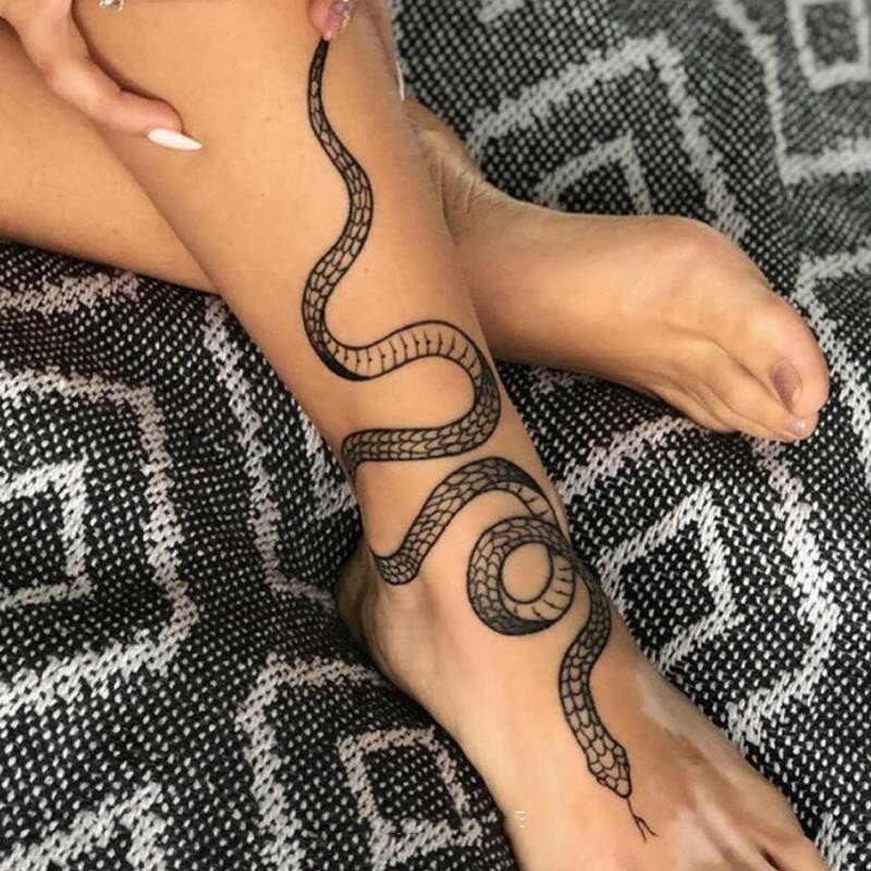 Pegatinas de tatuaje temporal de serpiente negra para mujeres y hombres, tatuaje falso impermeable de cintura corporal, vino oscuro, tatuaje de serpiente de gran tamaño, nuevo