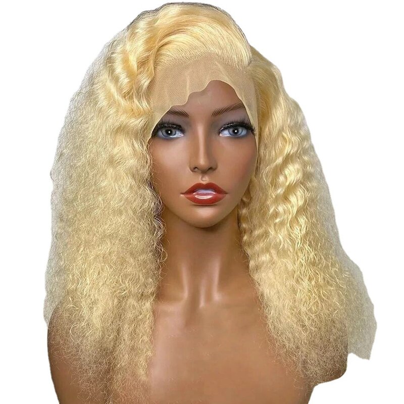 Wig renda wanita renda depan pendek keriting rambut pirang Afrika Set Wig keriting kecil dengan renda Headpiece rambut manusia