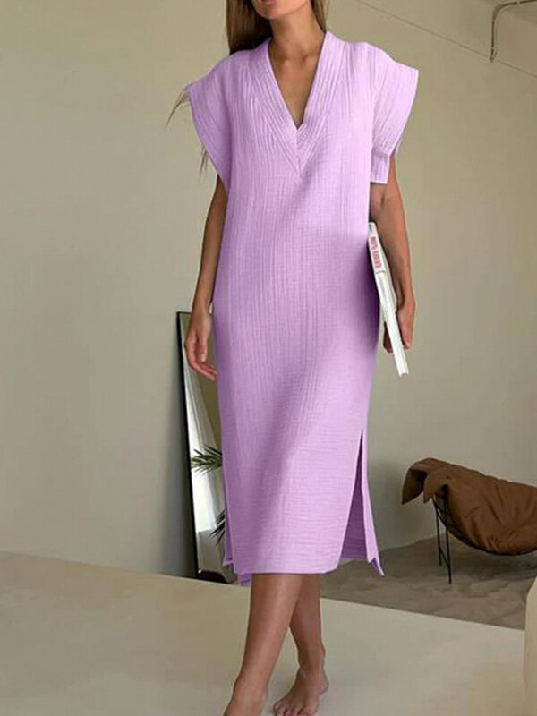 MuGen Plus Size Dress Solid Color Casual Short Sleeves Purple Dress 2024 New V-Neck Women's Clothing Loose Stripe Loose Dresses