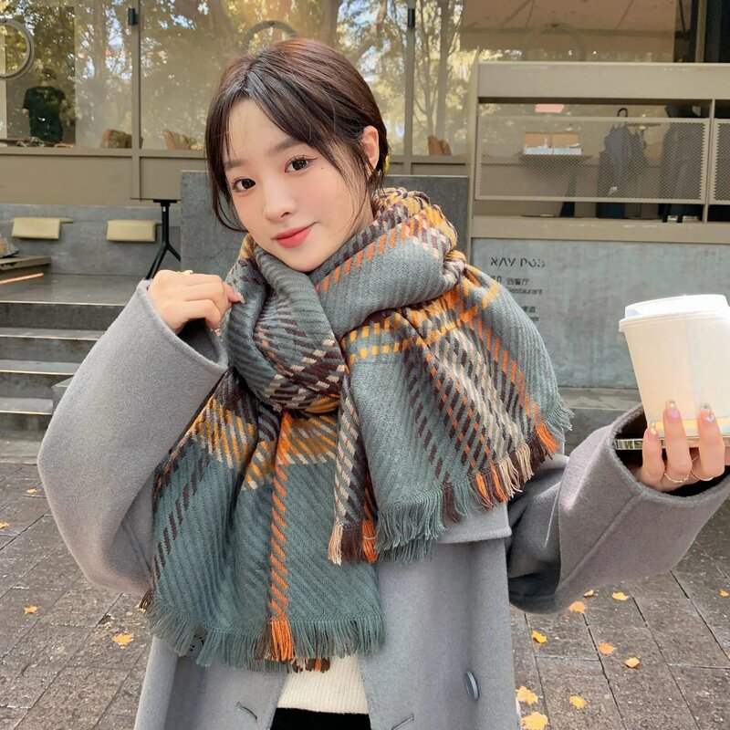 Женский осенне-зимний шарф, классический клетчатый шарф с кисточками, теплый мягкий крупный шарф, модные шифоновые шарфы для девушек