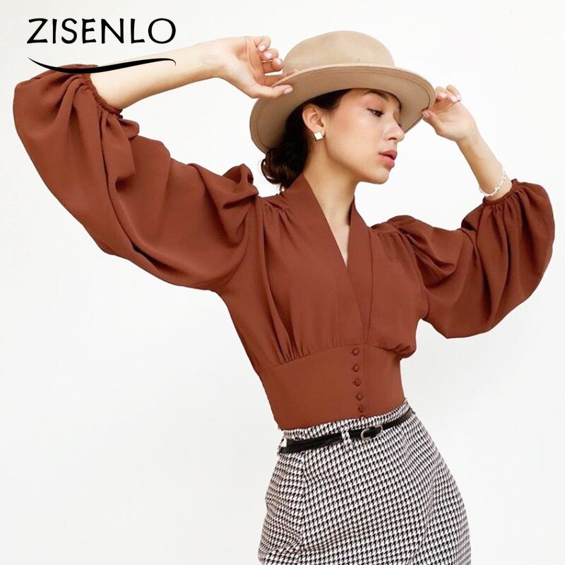 Elegant Shirts & Blouses Autumn V-neck Shirt Temperament Lantern Sleeve Slim Long-sleeved Shirt Blouses for Women Fashion 2023