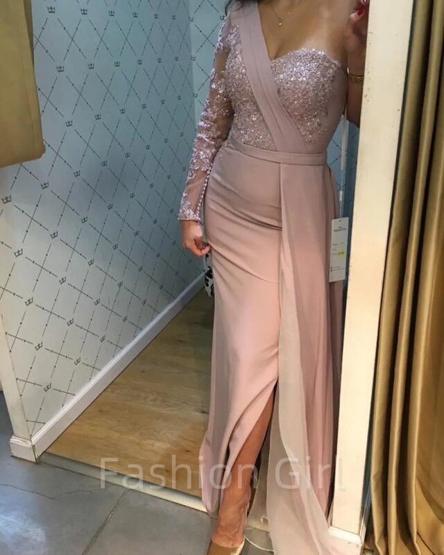 One Shoulder Satin Mermaid Long Evening Dresses Long Sleeve Lace Applique Beaded Split Sweep Train Formal Party Prom Dresses