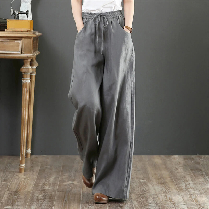 Summer Women's Casual Wide-leg Pants Solid Color Retro Cotton and Linen Casual Loose High Waist Elastic Mopping Straight Pants