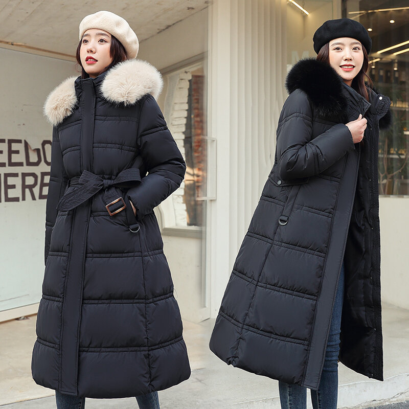 Женская длинная куртка Паркер, сезон осень-зима 2023, толстые теплые пальто, трендовые тканевые блочные куртки с капюшоном, белые, черные корейские пальто, парки