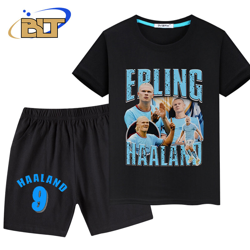 Haaland-Conjunto de camiseta y pantalones cortos de manga corta para niños, ropa con estampado de avatar, color negro, verano, 2 piezas