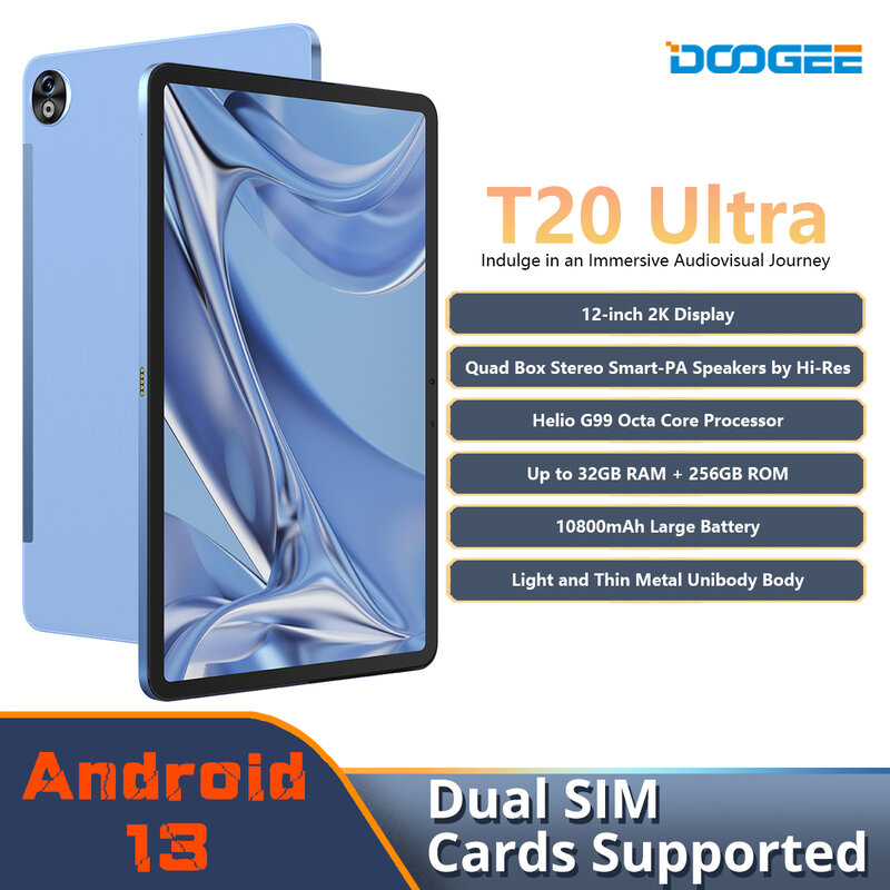 Doogee-T20 Ultra Android 13 Tablet, 2K Display, Helio G99, Octa Core, 12GB + 256GB, 10800mAh, Câmera Principal de 16MP, 7,6mm, 12"
