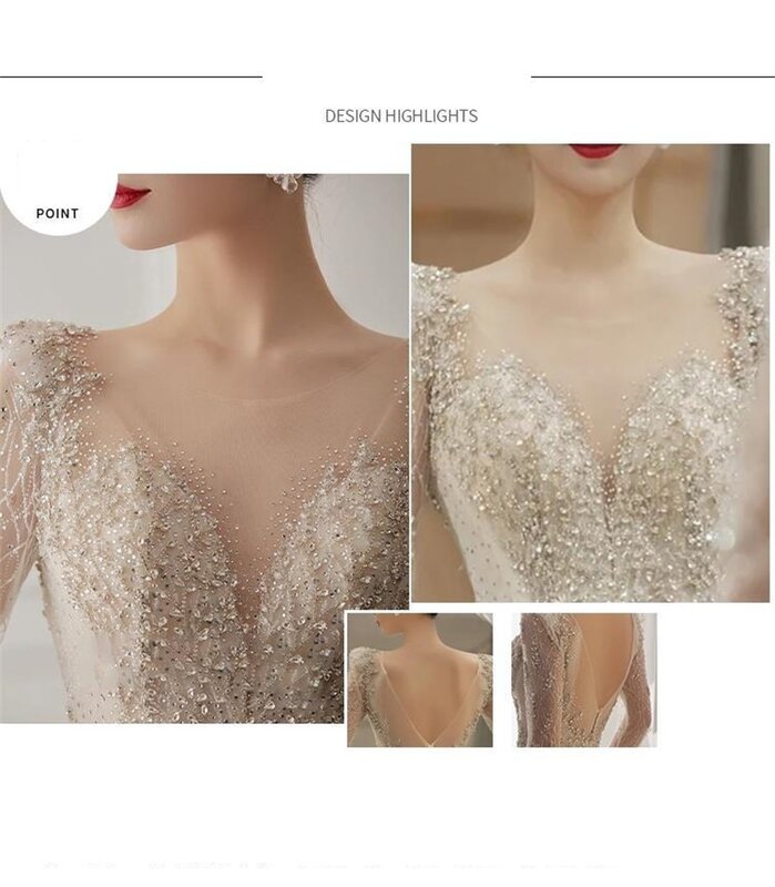 Fashionable Wedding Dress Fishtail Sexy Open Back V-Neck Stereoscopic Waist Strap Sequin Beads Classical Full Sleeved Trailing