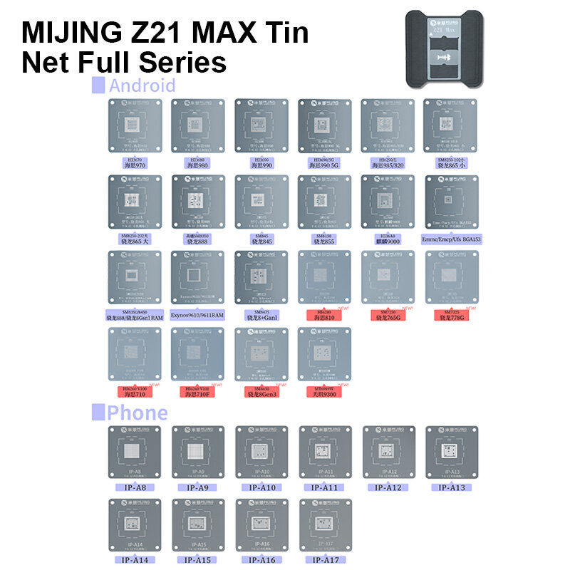 Mijing-Plantilla de Reballing Z21 Max para CPU, Plataforma Universal BGA para teléfono, A8-A17, teléfono Android, Chip IC, fijación de plantilla de estaño