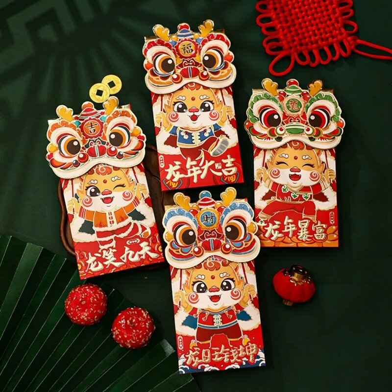 4/6card Year of The Dragon Foldable Red Pocket Envelope 2024 New Year Angpao CNY Angpaw Luck Money Bag Gilding Red Envelope