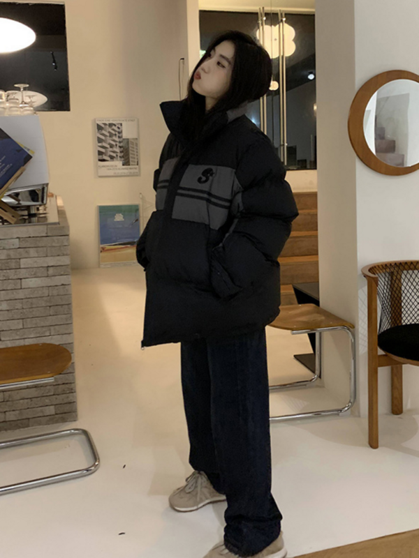 Jaqueta Harajuku americana para mulheres, roupa de pão, coringa casual, gola grossa coreana, casaco de costura com zíper, jaqueta de inverno nova