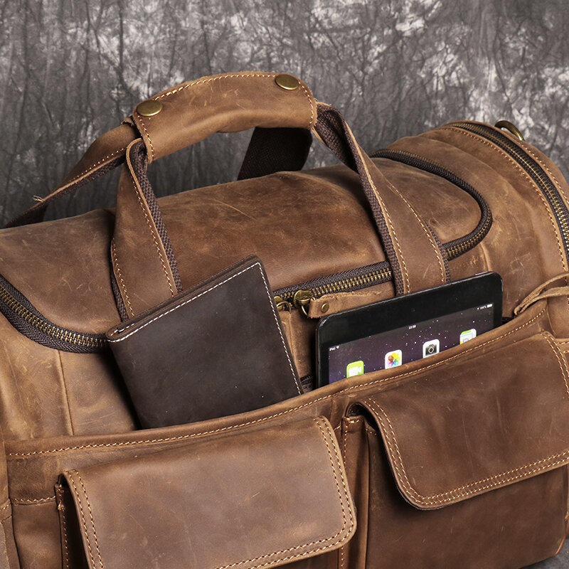 Bolsa de equipaje de mano Retro para hombre, bolso de viaje de gran capacidad de cuero Crazy Horse, bolsa de mensajero de un solo hombro para fin de semana y negocios, marrón
