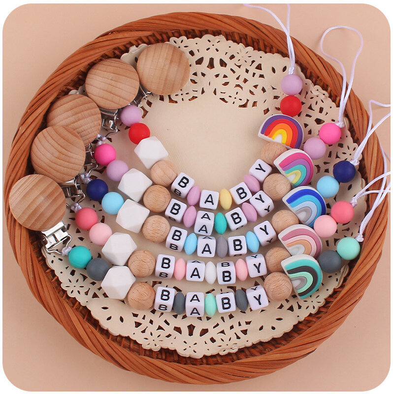 Baby Pacifier Clips Personalized Name DIY Wood Rainbow Dummy Nipples Holder Clip Chain Newborn Teething Toys Newborn Accessories
