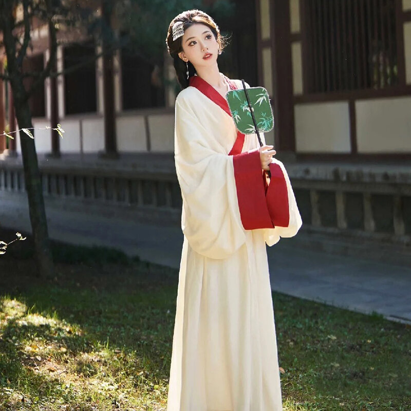 زي Hanfu الأبيض القديم للنساء ، النمط الصيني الجديد ، عبر طوق ، أداء متين