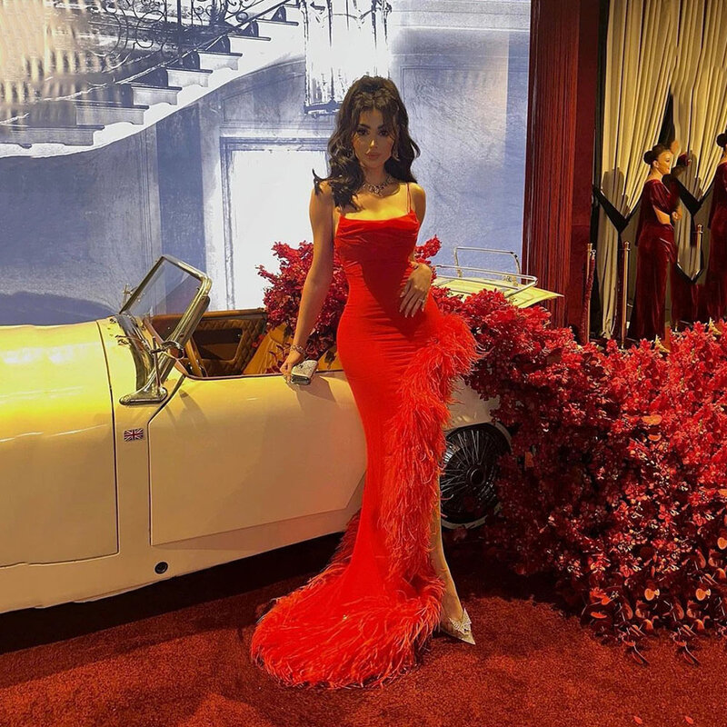 Gaun Prom putri duyung merah gaun pesta acara Formal Arab Crepe bulu tali Spaghetti elegan seksi gaun malam