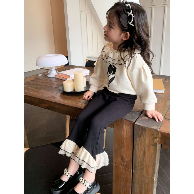 Новинка осень для девочек свитер с длинным рукавом в корейском западном стиле детский пуловер штаны с колокольчиками комплект из двух предметов