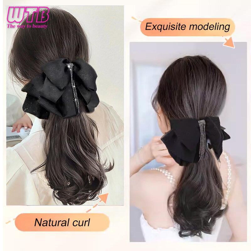 Synthetic Wig Ponytail Fringed Bow Grab Clip Micro-curly Temperament Goddess Low Tie High Tie Fake Braided Ponytail