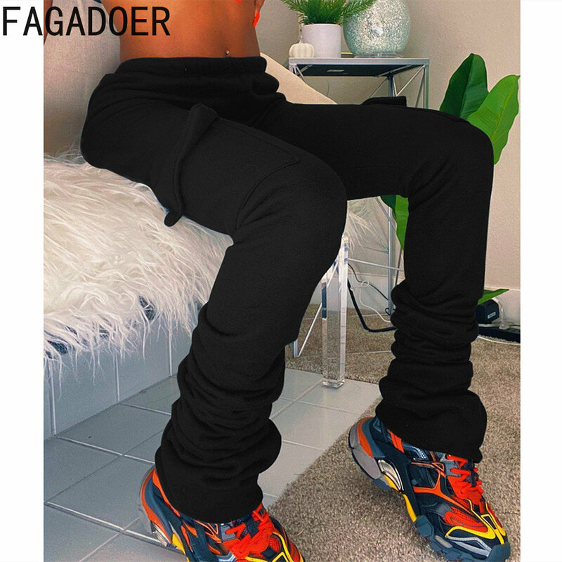 FAGADOER Fall Winter Women Long Trousers Casual Solid Color Skinny Sport Pants Female High Waist Pocket Sport Bottoms Streetwear