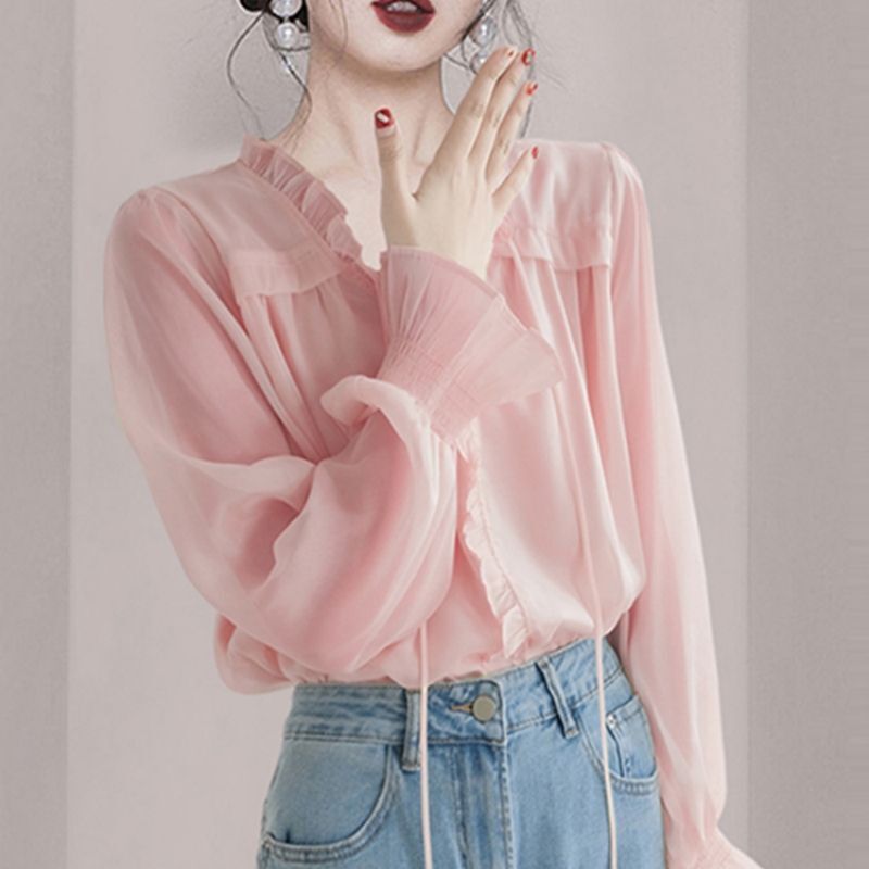 Elegant V-Neck Ruffles Lace Up Flare Sleeve Blouses Women's Clothing 2024 Spring Summer Loose All-match Tops Office Lady Shirts